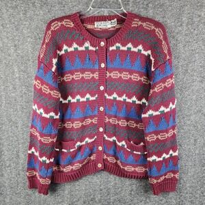 Robert Scott Ltd Cardigan Women M Geometric Fair Isle Burgundy Button Down GOOD